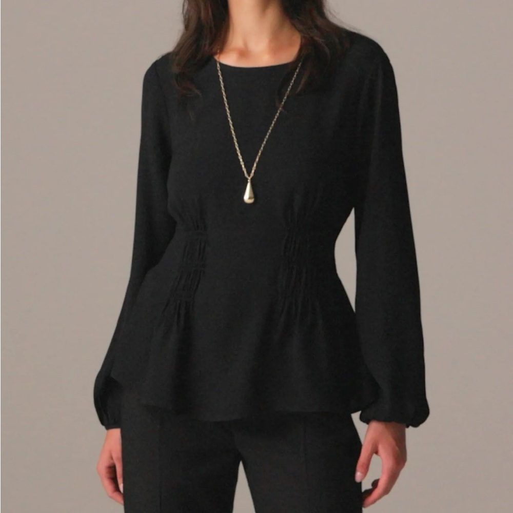 I. Crew shirred waist top in black viscose‎ long sleeve